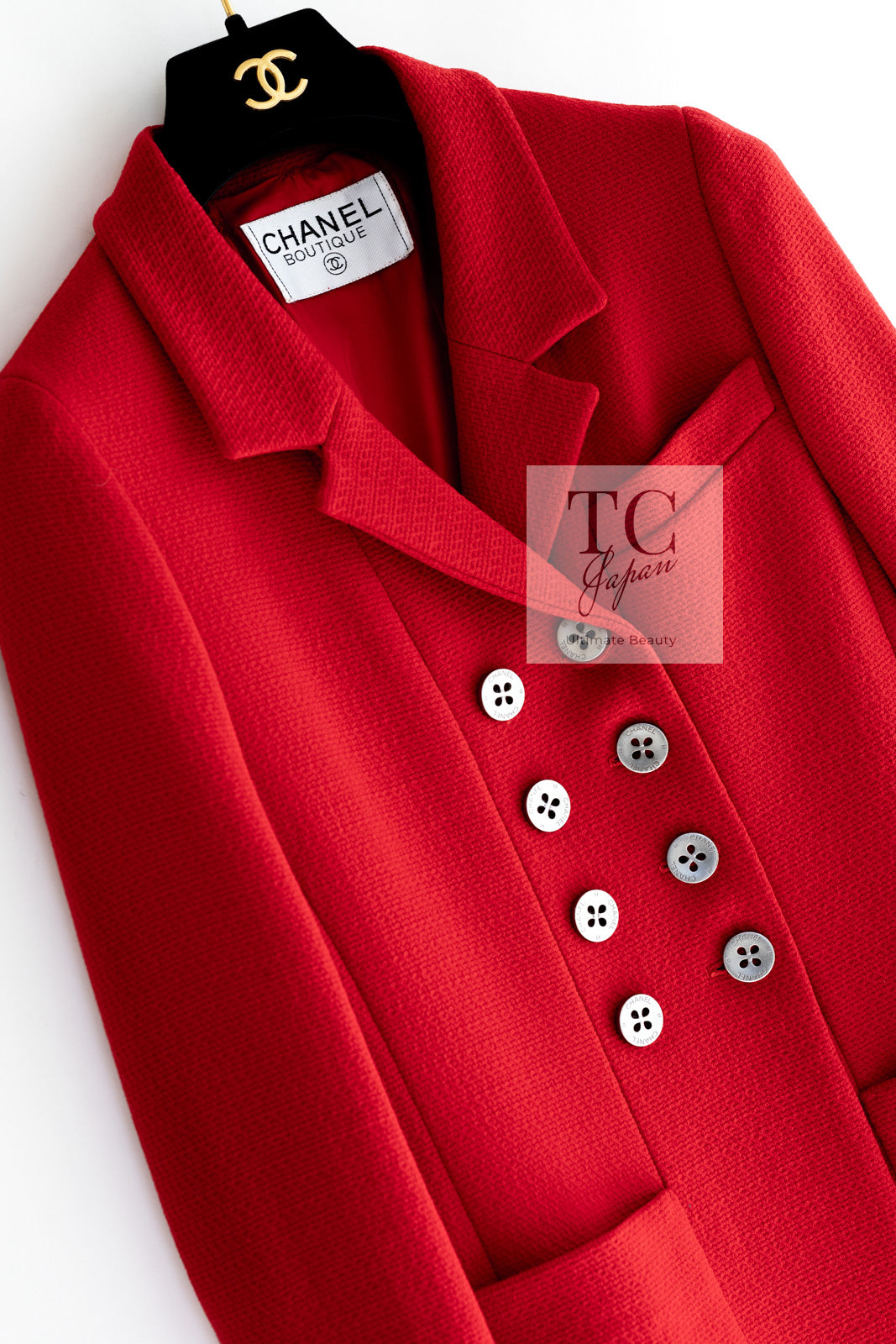 CHANEL 90s Vintage Red CC Silver Button Double Jacket 34 36 シャネル ヴィンテージ レッド CC シルバー ボタン ダブル ジャケット 即発