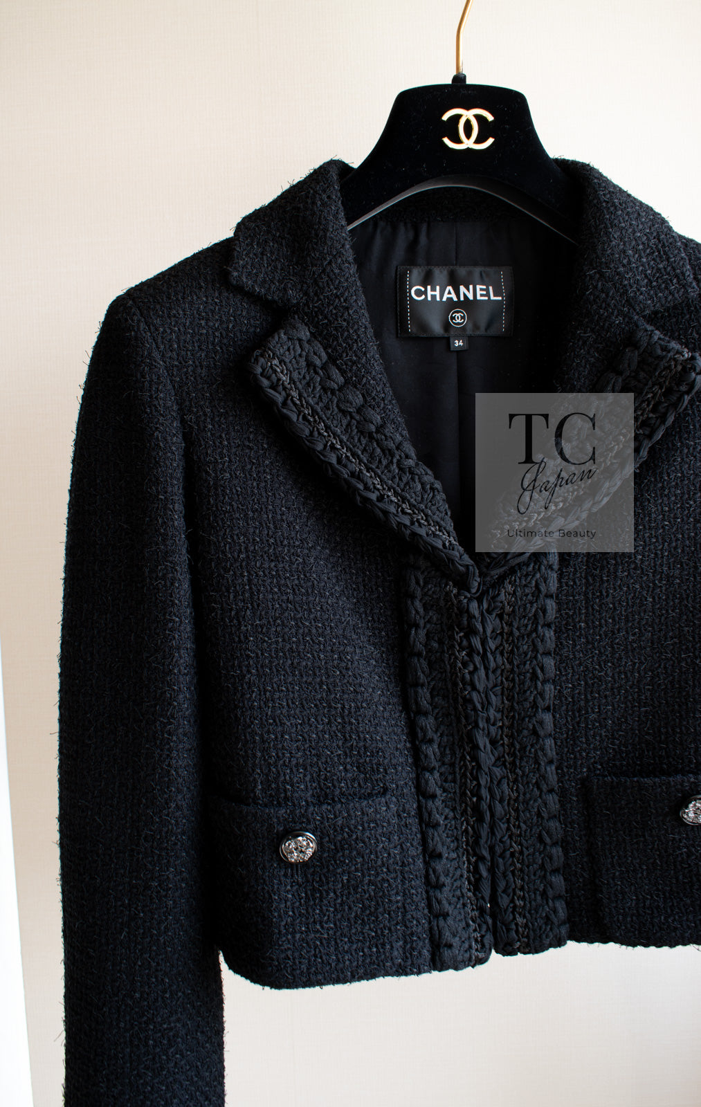 シャネル ジャケット CHANEL ブラック クロップド コットン 22C シャネル ジャケット CHANEL ブラック クロップド コットン 22C