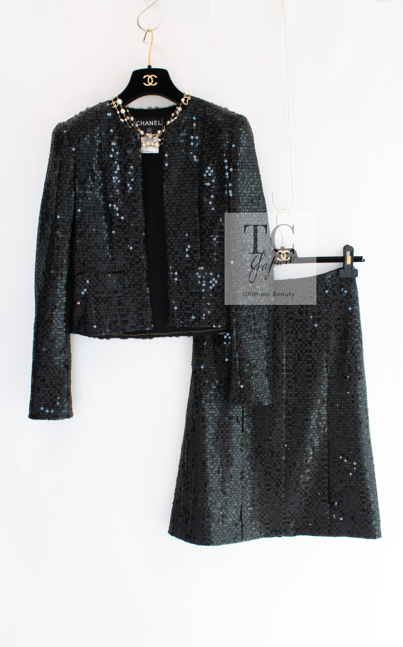 CHANEL 02A Black Sequin Glitter Jacket Skirt Suit 36 シャネル ブラック スパンコール グリッター ジャケット スカート スーツ 即発