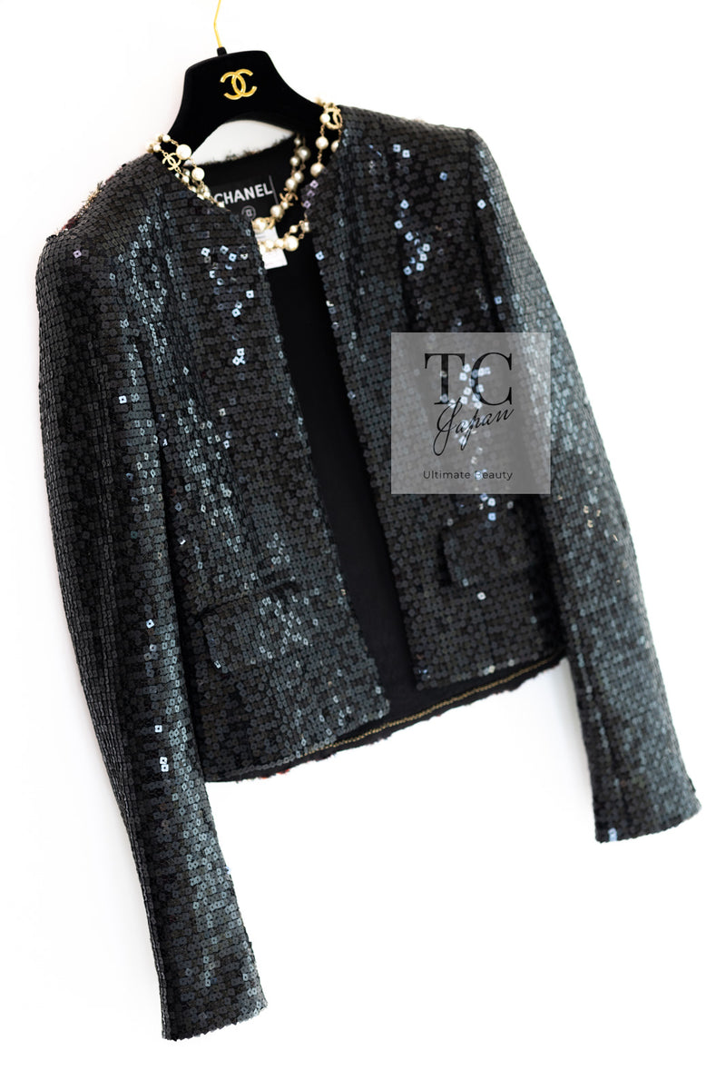 CHANEL 02A Black Sequin Glitter Jacket Skirt Suit 36 シャネル ブラック スパンコール グリッター ジャケット スカート スーツ 即発