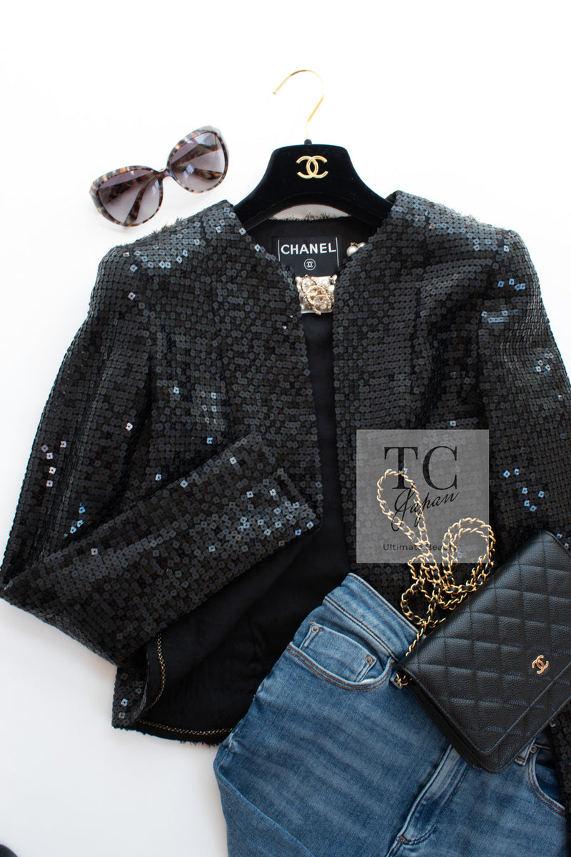 CHANEL 02A Black Sequin Glitter Jacket Skirt Suit 36 シャネル ブラック スパンコール グリッター ジャケット スカート スーツ 即発