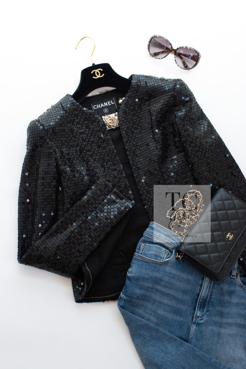 CHANEL 02A Black Sequin Glitter Jacket Skirt Suit 36 シャネル ブラック スパンコール グリッター ジャケット スカート スーツ 即発