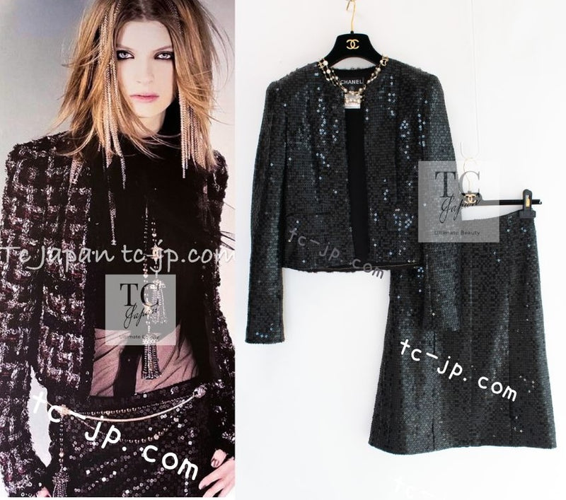 CHANEL 02A Black Sequin Glitter Jacket Skirt Suit 36 シャネル ブラック スパンコール グリッター ジャケット スカート スーツ 即発