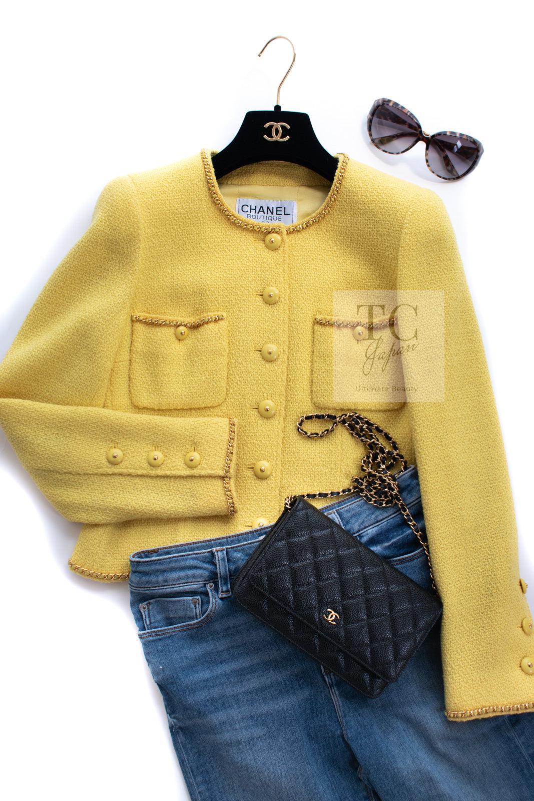 シャネル ジャケット CHANEL ヴィンテージ イエロー ゴールドチェーン トリミング ウール ツイード 95A Vintage Yellow  Gold Chain Trim Wool Tweed Jacket – TC JAPAN