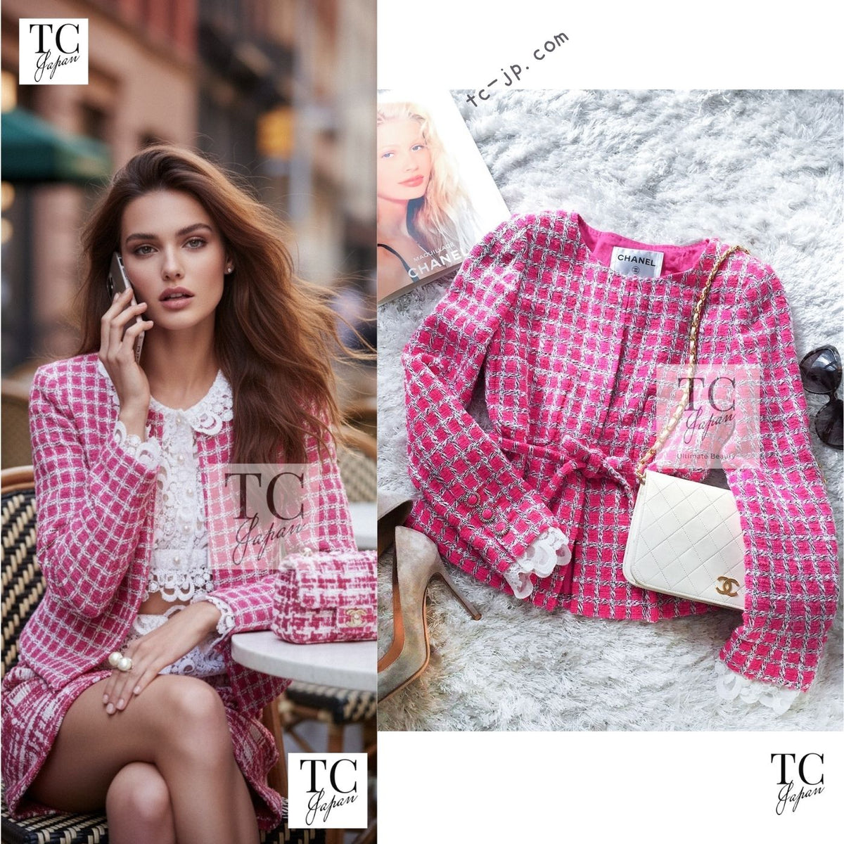 CHANEL 14S Pink White Belt Cotton Tweed Jacket 34 1