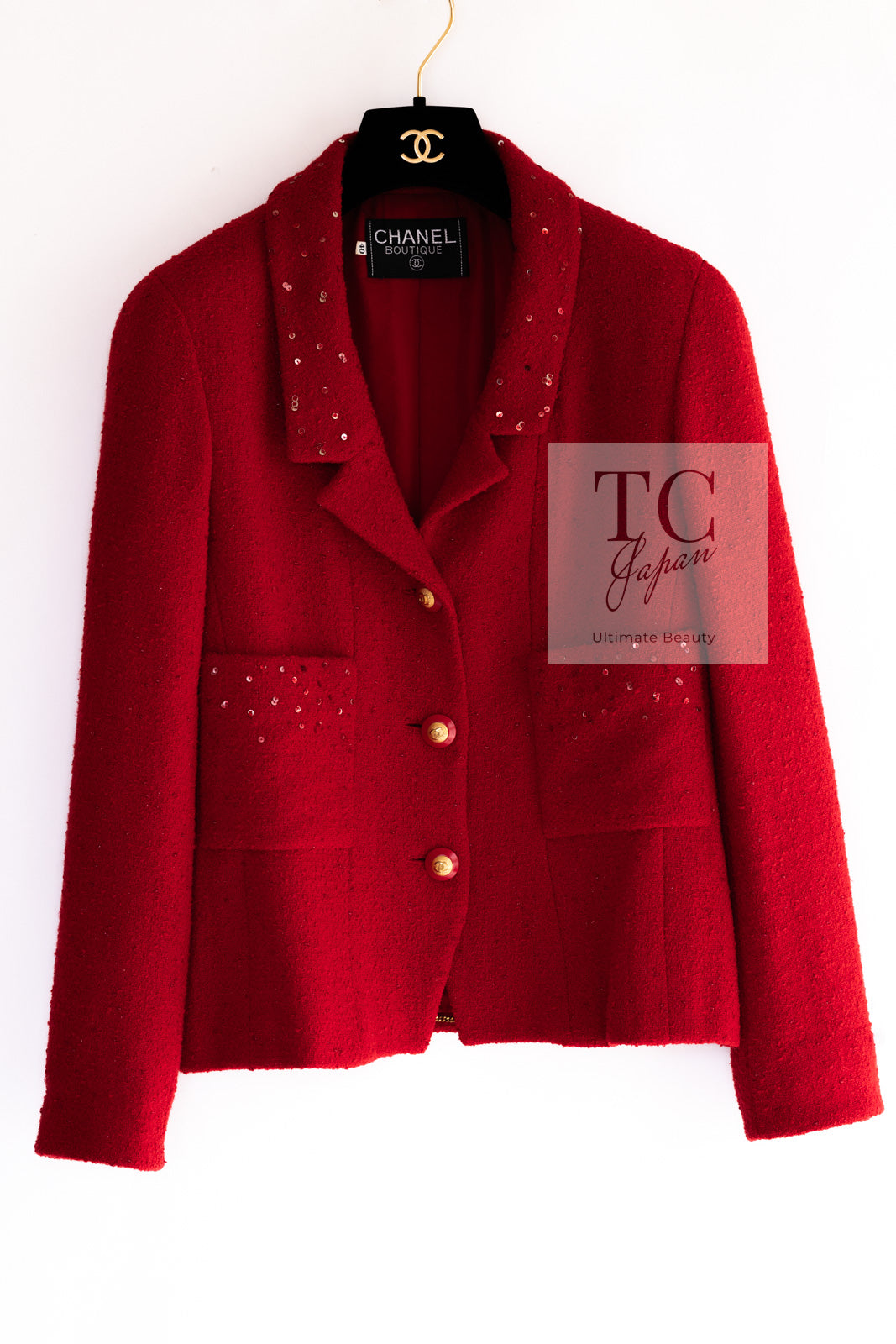 CHANEL 93A Vintage Red Sequin Wool Tweed Jacket 38 40 シャネル ヴィンテージ レッド スパンコール ウール ツイード ジャケット 即発