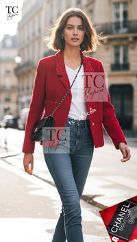 CHANEL 93A Vintage Red Sequin Wool Tweed Jacket 38 40 シャネル ヴィンテージ レッド スパンコール ウール ツイード ジャケット 即発