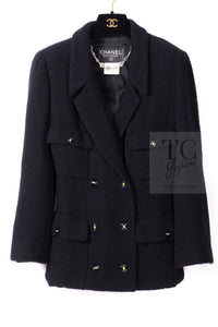 CHANEL 95A Vintage Black Wool CC Logo Buttons Double Tweed Jacket Skirt Suit 38 40 シャネル ヴィンテージ ブラック ウール CCロゴボタン ダブル ツイード ジャケット スカート スーツ 即発