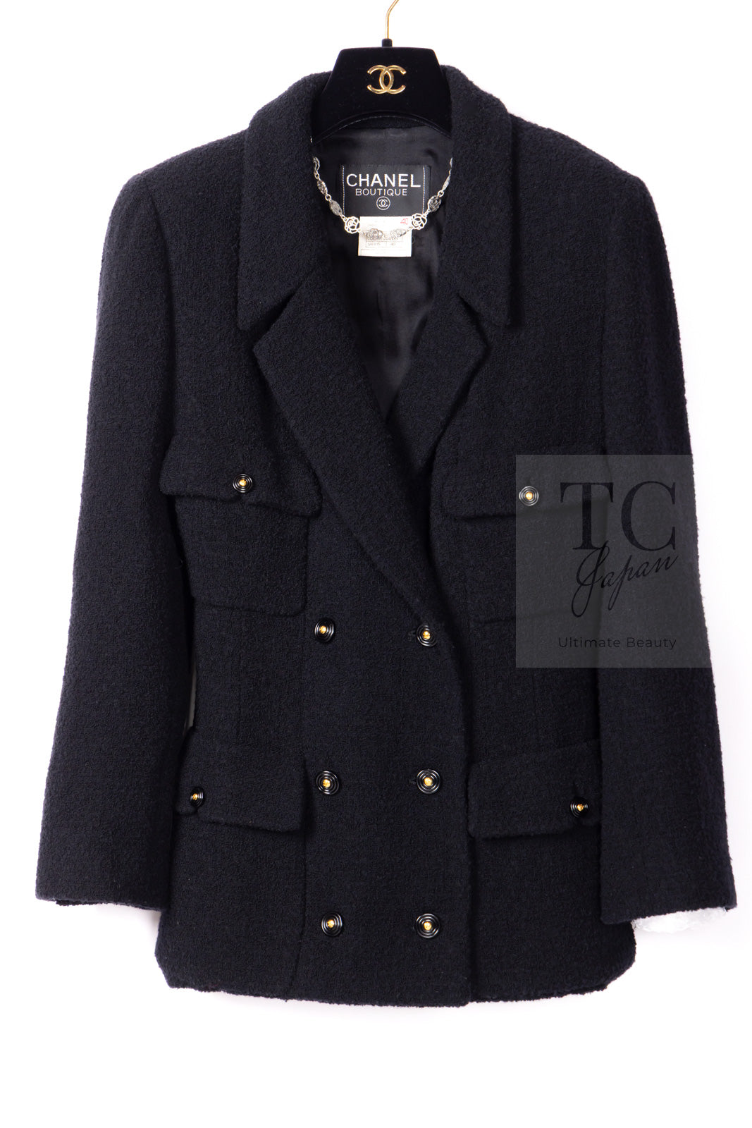 CHANEL 95A Vintage Black Wool CC Logo Buttons Double Tweed Jacket Skirt Suit 38 40 シャネル ヴィンテージ ブラック ウール CCロゴボタン ダブル ツイード ジャケット スカート スーツ 即発