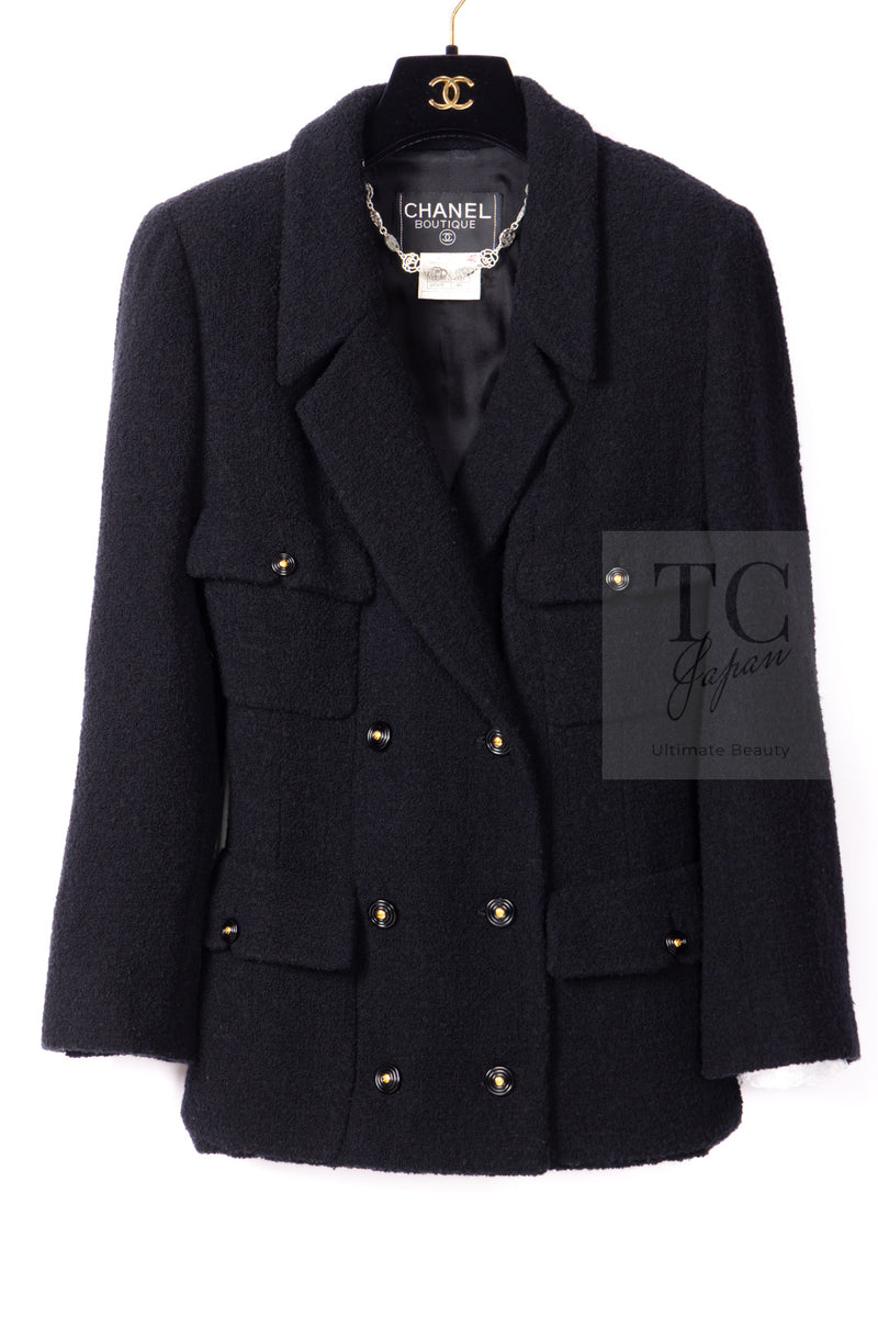 CHANEL 95A Vintage Black Wool CC Logo Buttons Double Tweed Jacket Skirt Suit 38 40 シャネル ヴィンテージ ブラック ウール CCロゴボタン ダブル ツイード ジャケット スカート スーツ 即発