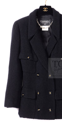 CHANEL 95A Vintage Black Wool CC Logo Buttons Double Tweed Jacket Skirt Suit 38 40 シャネル ヴィンテージ ブラック ウール CCロゴボタン ダブル ツイード ジャケット スカート スーツ 即発