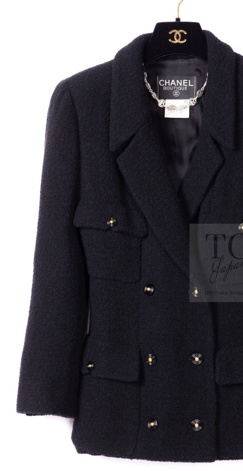 CHANEL 95A Vintage Black Wool CC Logo Buttons Double Tweed Jacket Skirt Suit 38 40 シャネル ヴィンテージ ブラック ウール CCロゴボタン ダブル ツイード ジャケット スカート スーツ 即発