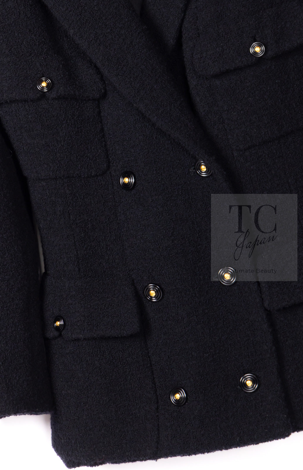 CHANEL 95A Vintage Black Wool CC Logo Buttons Double Tweed Jacket Skirt Suit 38 40 シャネル ヴィンテージ ブラック ウール CCロゴボタン ダブル ツイード ジャケット スカート スーツ 即発
