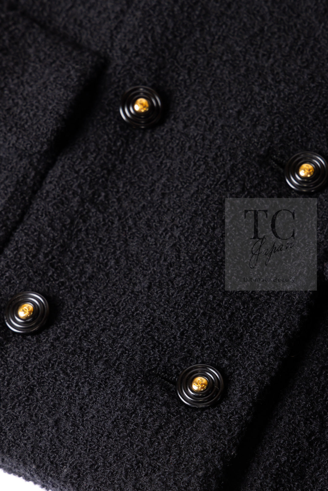 CHANEL 95A Vintage Black Wool CC Logo Buttons Double Tweed Jacket Skirt Suit 38 40 シャネル ヴィンテージ ブラック ウール CCロゴボタン ダブル ツイード ジャケット スカート スーツ 即発