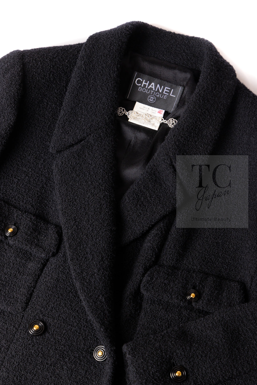 CHANEL 95A Vintage Black Wool CC Logo Buttons Double Tweed Jacket Skirt Suit 38 40 シャネル ヴィンテージ ブラック ウール CCロゴボタン ダブル ツイード ジャケット スカート スーツ 即発