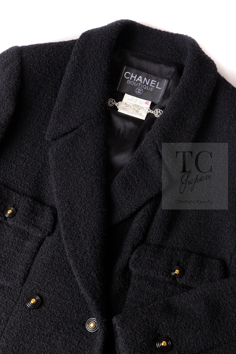 CHANEL 95A Vintage Black Wool CC Logo Buttons Double Tweed Jacket Skirt Suit 38 40 シャネル ヴィンテージ ブラック ウール CCロゴボタン ダブル ツイード ジャケット スカート スーツ 即発