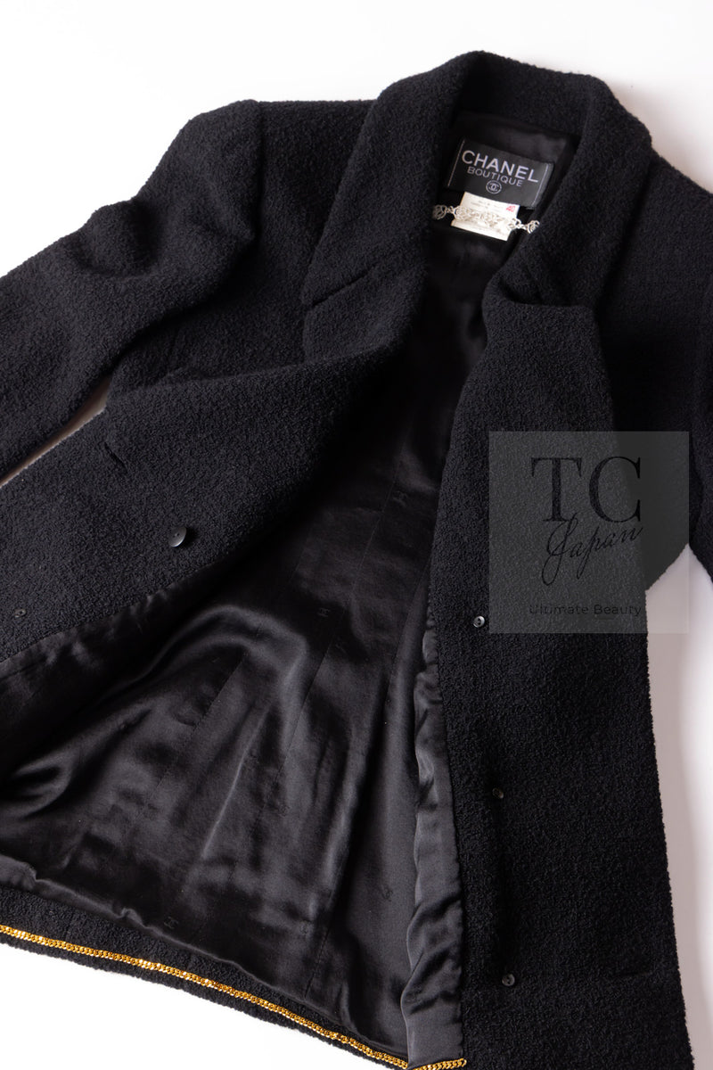 CHANEL 95A Vintage Black Wool CC Logo Buttons Double Tweed Jacket Skirt Suit 38 40 シャネル ヴィンテージ ブラック ウール CCロゴボタン ダブル ツイード ジャケット スカート スーツ 即発