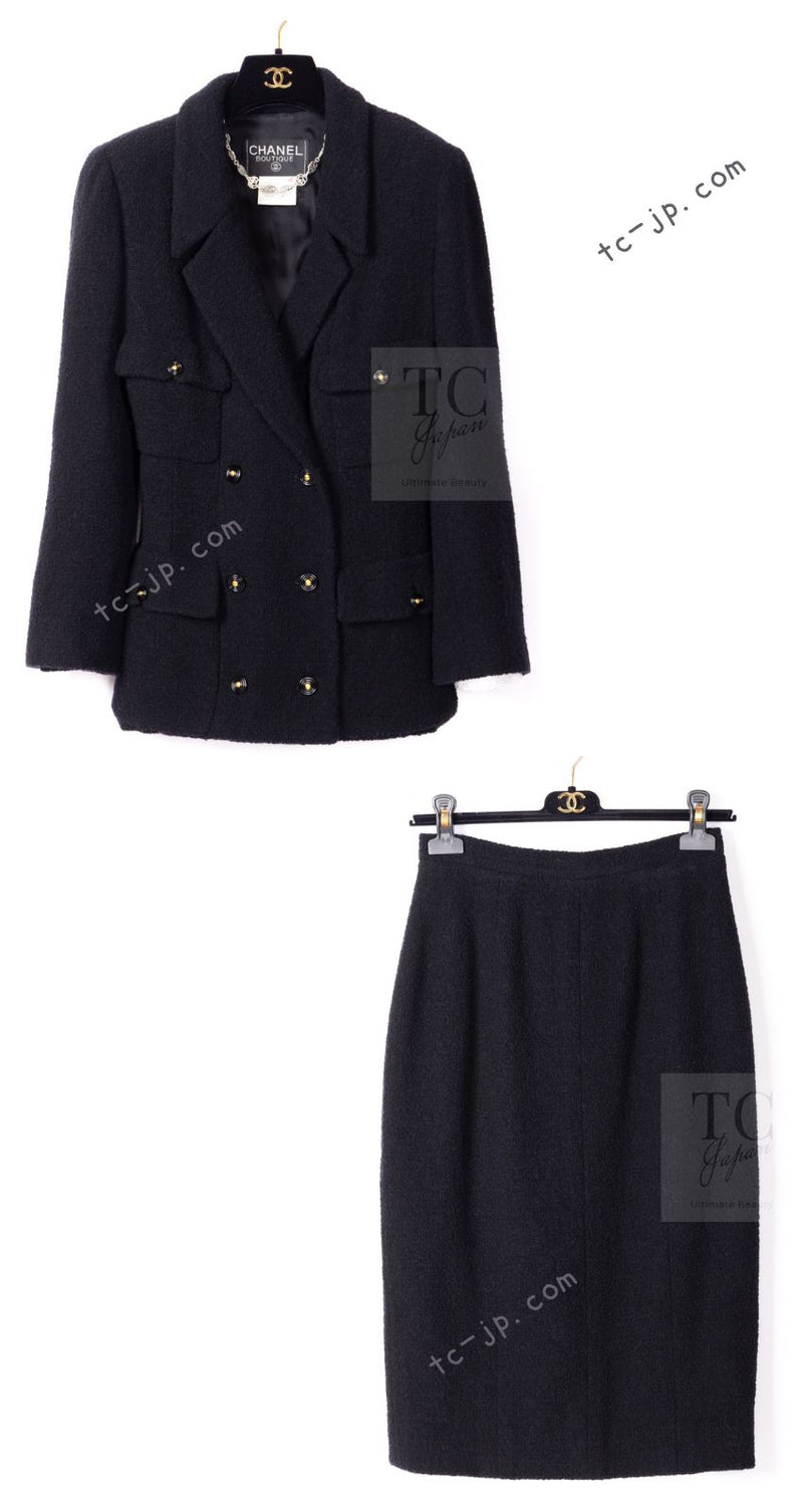 CHANEL 95A Vintage Black Wool CC Logo Buttons Double Tweed Jacket Skirt Suit 38 40 シャネル ヴィンテージ ブラック ウール CCロゴボタン ダブル ツイード ジャケット スカート スーツ 即発