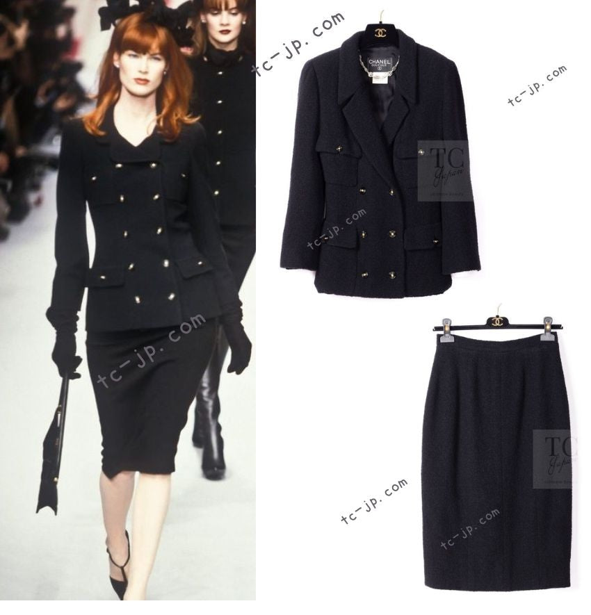 CHANEL 95A Vintage Black Wool CC Logo Buttons Double Tweed Jacket Skirt Suit 38 40 シャネル ヴィンテージ ブラック ウール CCロゴボタン ダブル ツイード ジャケット スカート スーツ 即発