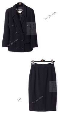 CHANEL 95A Vintage Black Wool CC Logo Buttons Double Tweed Jacket Skirt Suit 44 46 シャネル ヴィンテージ ブラック ウール CCロゴボタン ダブル ツイード ジャケット スカート スーツ 即発