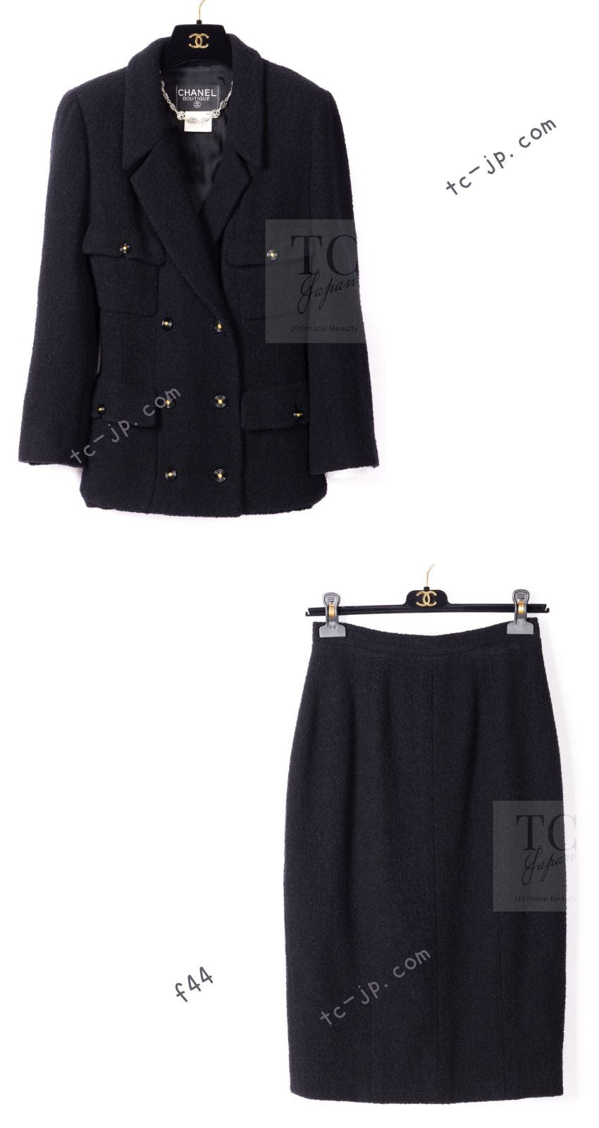 CHANEL 95A Vintage Black Wool CC Logo Buttons Double Tweed Jacket Skirt Suit 44 46 シャネル ヴィンテージ ブラック ウール CCロゴボタン ダブル ツイード ジャケット スカート スーツ 即発