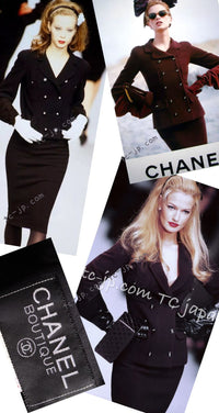 CHANEL 95A Vintage Black Wool CC Logo Buttons Double Tweed Jacket Skirt Suit 44 46 シャネル ヴィンテージ ブラック ウール CCロゴボタン ダブル ツイード ジャケット スカート スーツ 即発