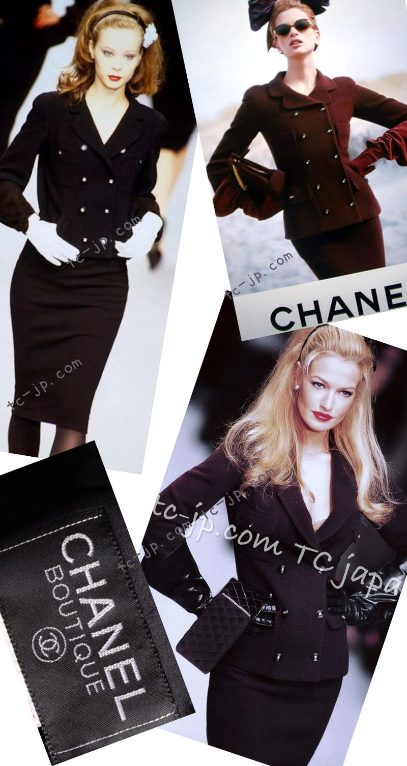 CHANEL 95A Vintage Black Wool CC Logo Buttons Double Tweed Jacket Skirt Suit 44 46 シャネル ヴィンテージ ブラック ウール CCロゴボタン ダブル ツイード ジャケット スカート スーツ 即発