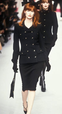 CHANEL 95A Vintage Black Wool CC Logo Buttons Double Tweed Jacket Skirt Suit 38 40 シャネル ヴィンテージ ブラック ウール CCロゴボタン ダブル ツイード ジャケット スカート スーツ