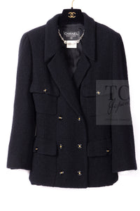 CHANEL 95A Vintage Black Wool CC Logo Buttons Double Tweed Jacket Skirt Suit 44 46 シャネル ヴィンテージ ブラック ウール CCロゴボタン ダブル ツイード ジャケット スカート スーツ 即発