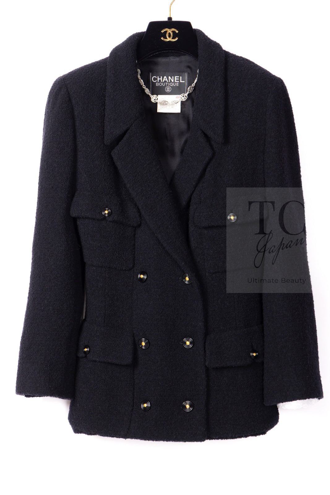 CHANEL 95A Vintage Black Wool CC Logo Buttons Double Tweed Jacket Skirt Suit 44 46 シャネル ヴィンテージ ブラック ウール CCロゴボタン ダブル ツイード ジャケット スカート スーツ 即発