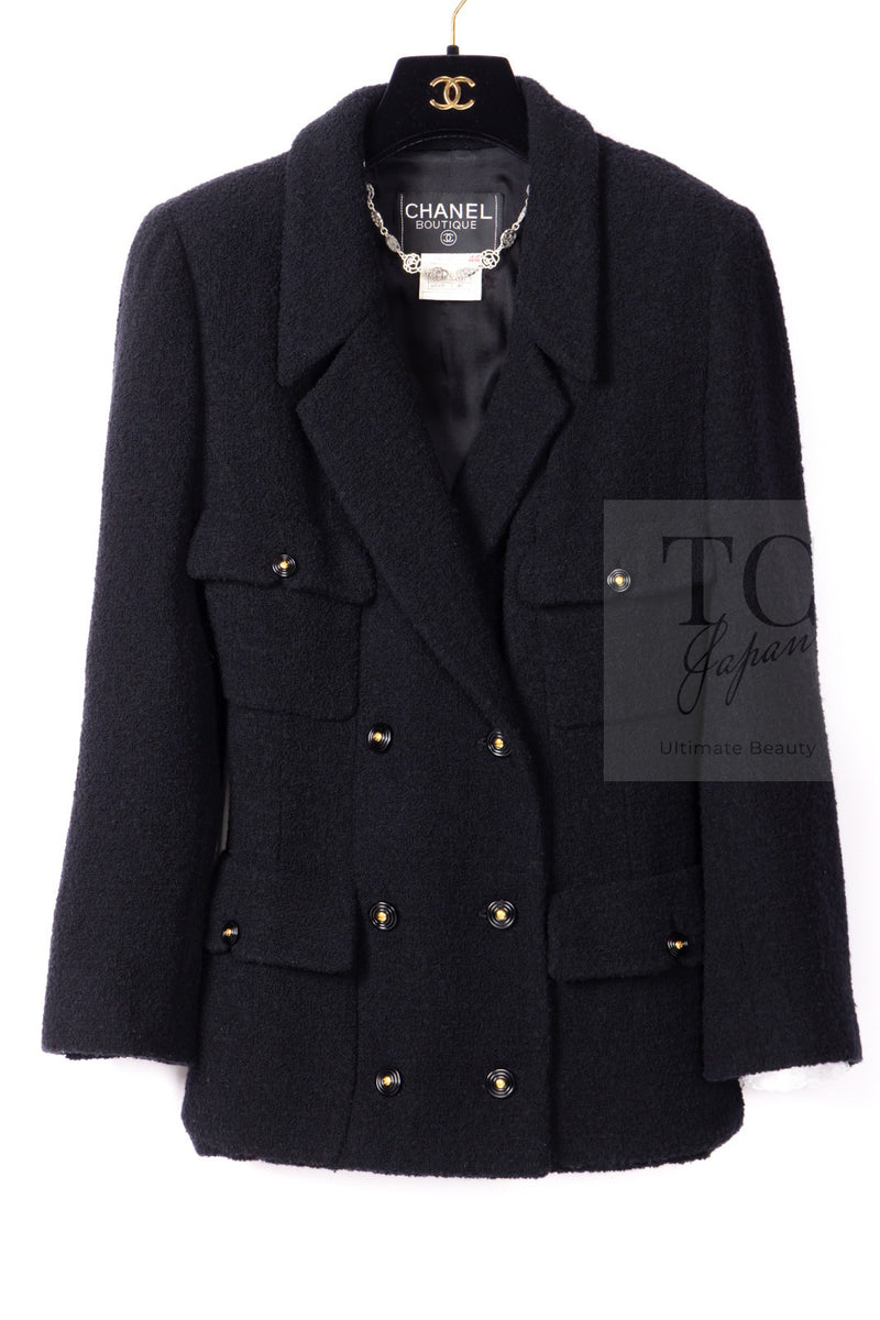 CHANEL 95A Vintage Black Wool CC Logo Buttons Double Tweed Jacket Skirt Suit 44 46 シャネル ヴィンテージ ブラック ウール CCロゴボタン ダブル ツイード ジャケット スカート スーツ 即発