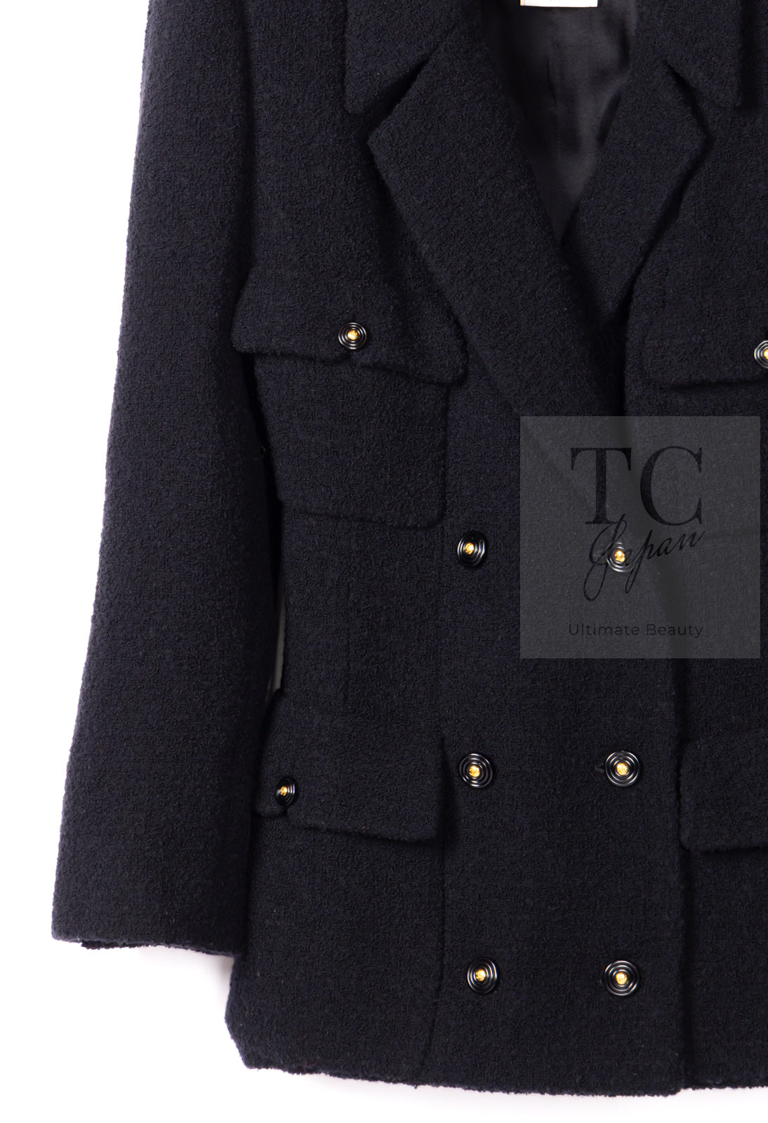 CHANEL 95A Vintage Black Wool CC Logo Buttons Double Tweed Jacket Skirt Suit 44 46 シャネル ヴィンテージ ブラック ウール CCロゴボタン ダブル ツイード ジャケット スカート スーツ 即発