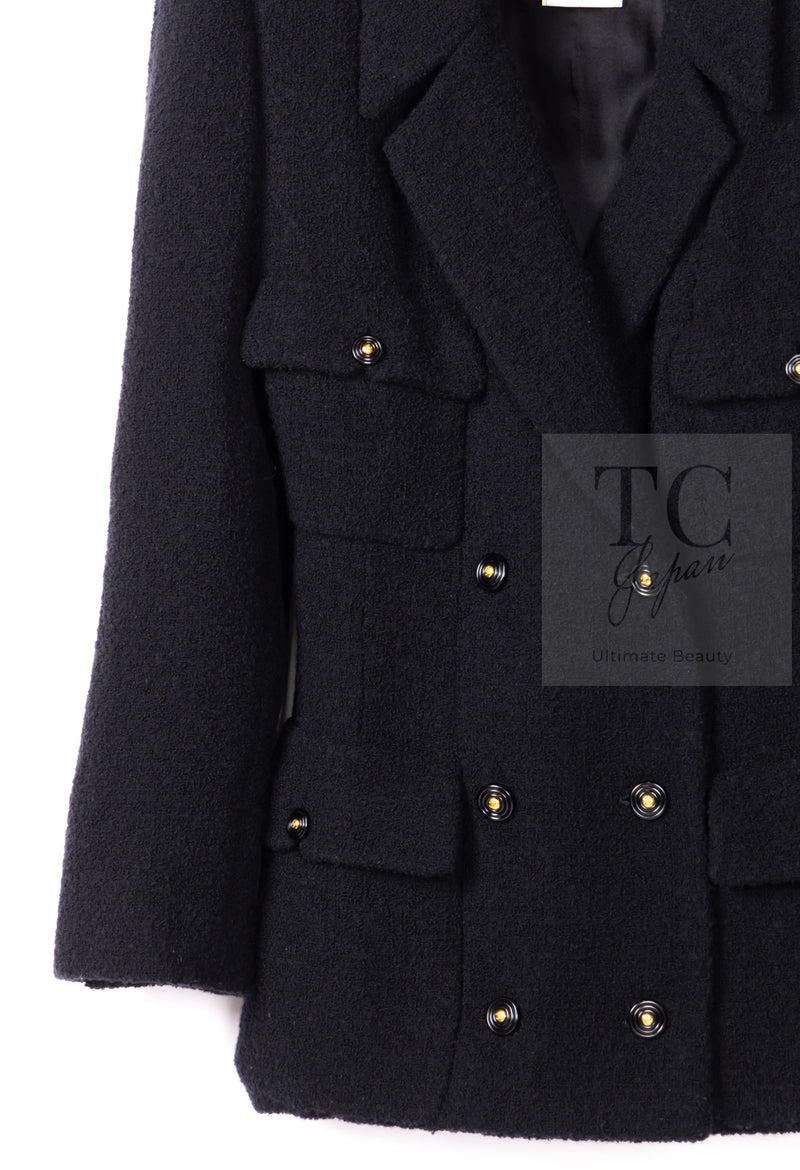CHANEL 95A Vintage Black Wool CC Logo Buttons Double Tweed Jacket Skirt Suit 44 46 シャネル ヴィンテージ ブラック ウール CCロゴボタン ダブル ツイード ジャケット スカート スーツ 即発
