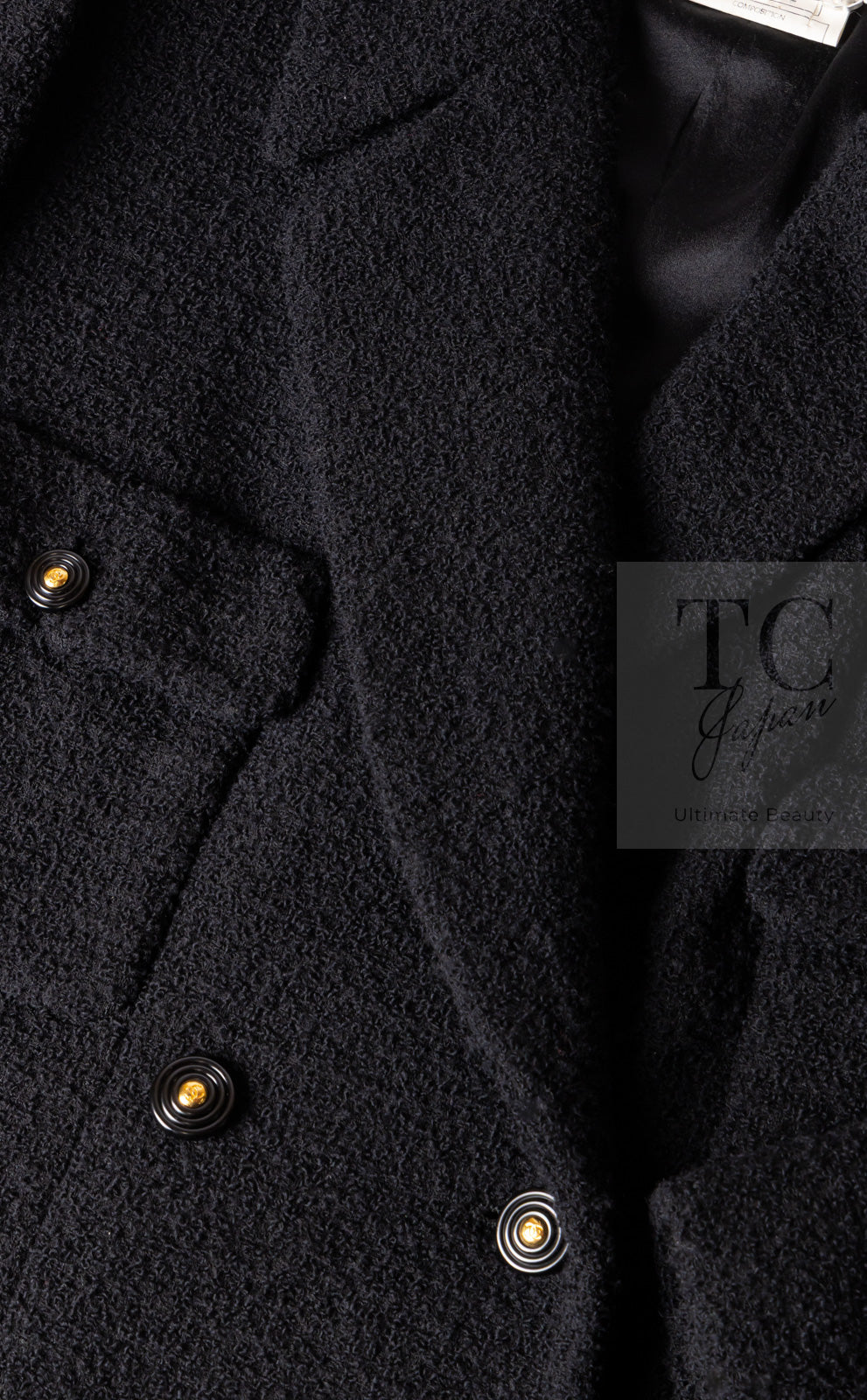 CHANEL 95A Vintage Black Wool CC Logo Buttons Double Tweed Jacket Skirt Suit 44 46 シャネル ヴィンテージ ブラック ウール CCロゴボタン ダブル ツイード ジャケット スカート スーツ 即発
