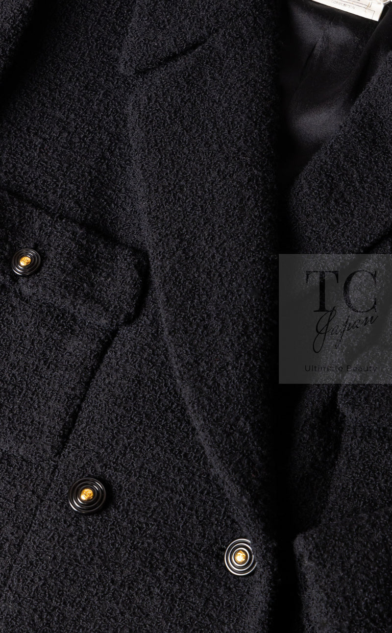CHANEL 95A Vintage Black Wool CC Logo Buttons Double Tweed Jacket Skirt Suit 44 46 シャネル ヴィンテージ ブラック ウール CCロゴボタン ダブル ツイード ジャケット スカート スーツ 即発