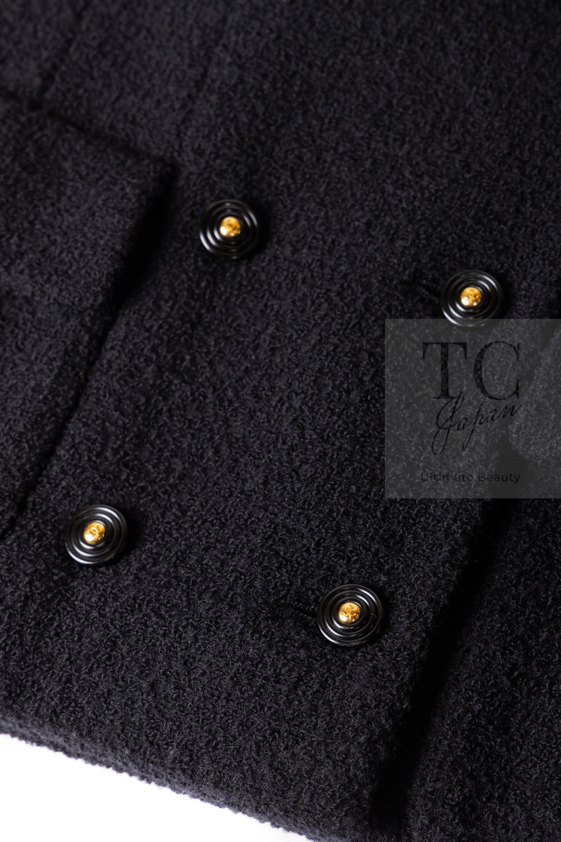 CHANEL 95A Vintage Black Wool CC Logo Buttons Double Tweed Jacket Skirt Suit 44 46 シャネル ヴィンテージ ブラック ウール CCロゴボタン ダブル ツイード ジャケット スカート スーツ 即発