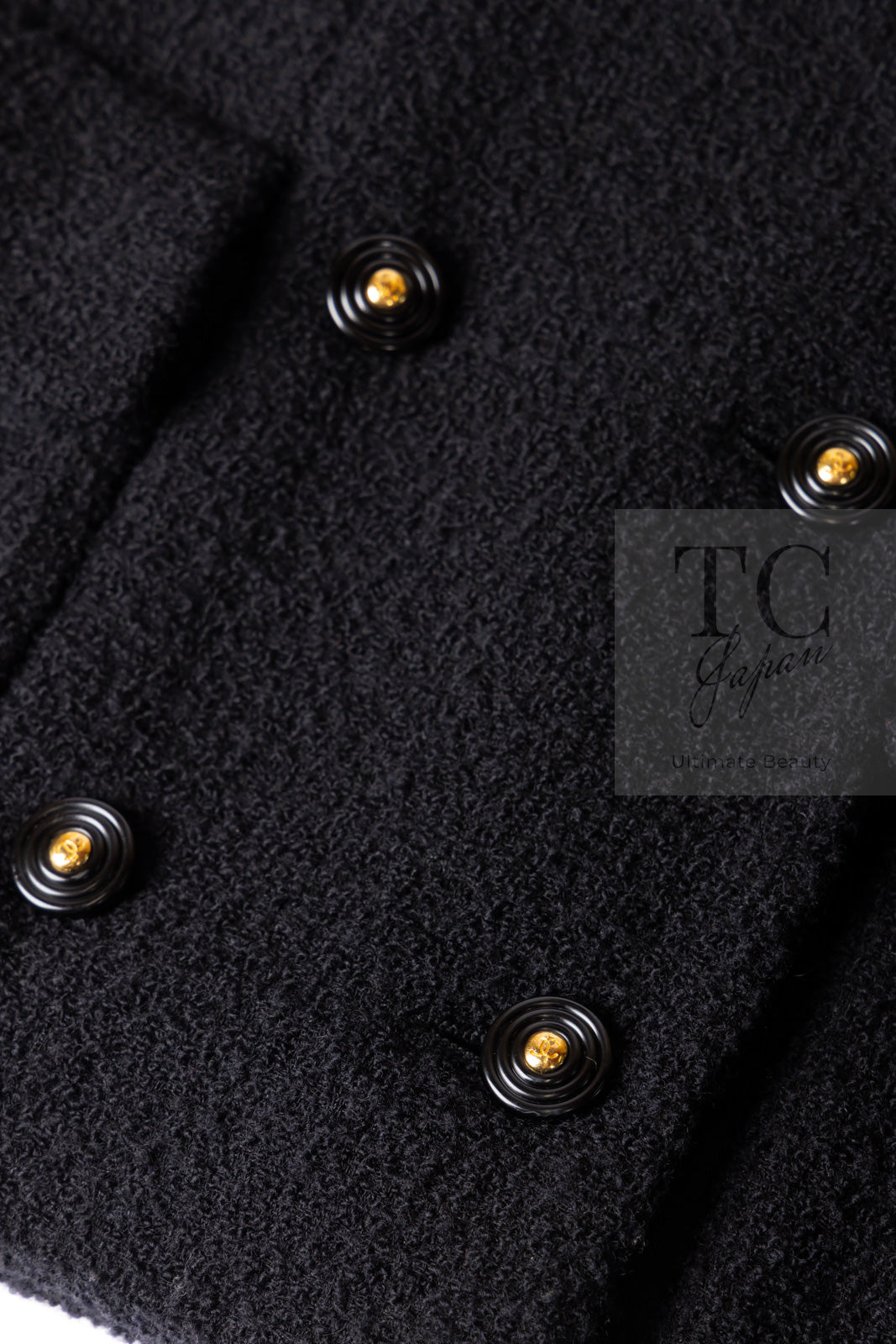 CHANEL 95A Vintage Black Wool CC Logo Buttons Double Tweed Jacket Skirt Suit 44 46 シャネル ヴィンテージ ブラック ウール CCロゴボタン ダブル ツイード ジャケット スカート スーツ 即発