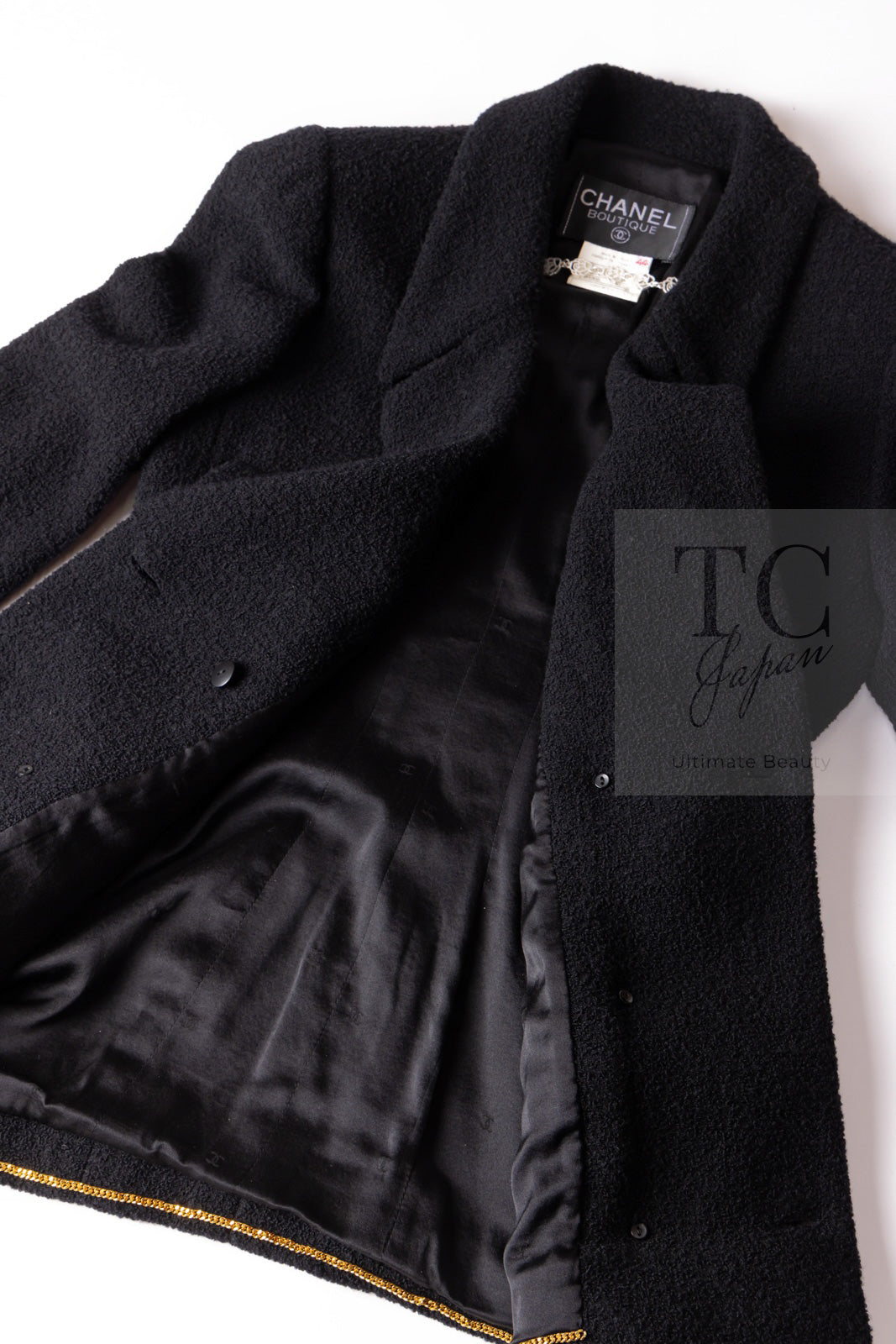 CHANEL 95A Vintage Black Wool CC Logo Buttons Double Tweed Jacket Skirt Suit 44 46 シャネル ヴィンテージ ブラック ウール CCロゴボタン ダブル ツイード ジャケット スカート スーツ 即発