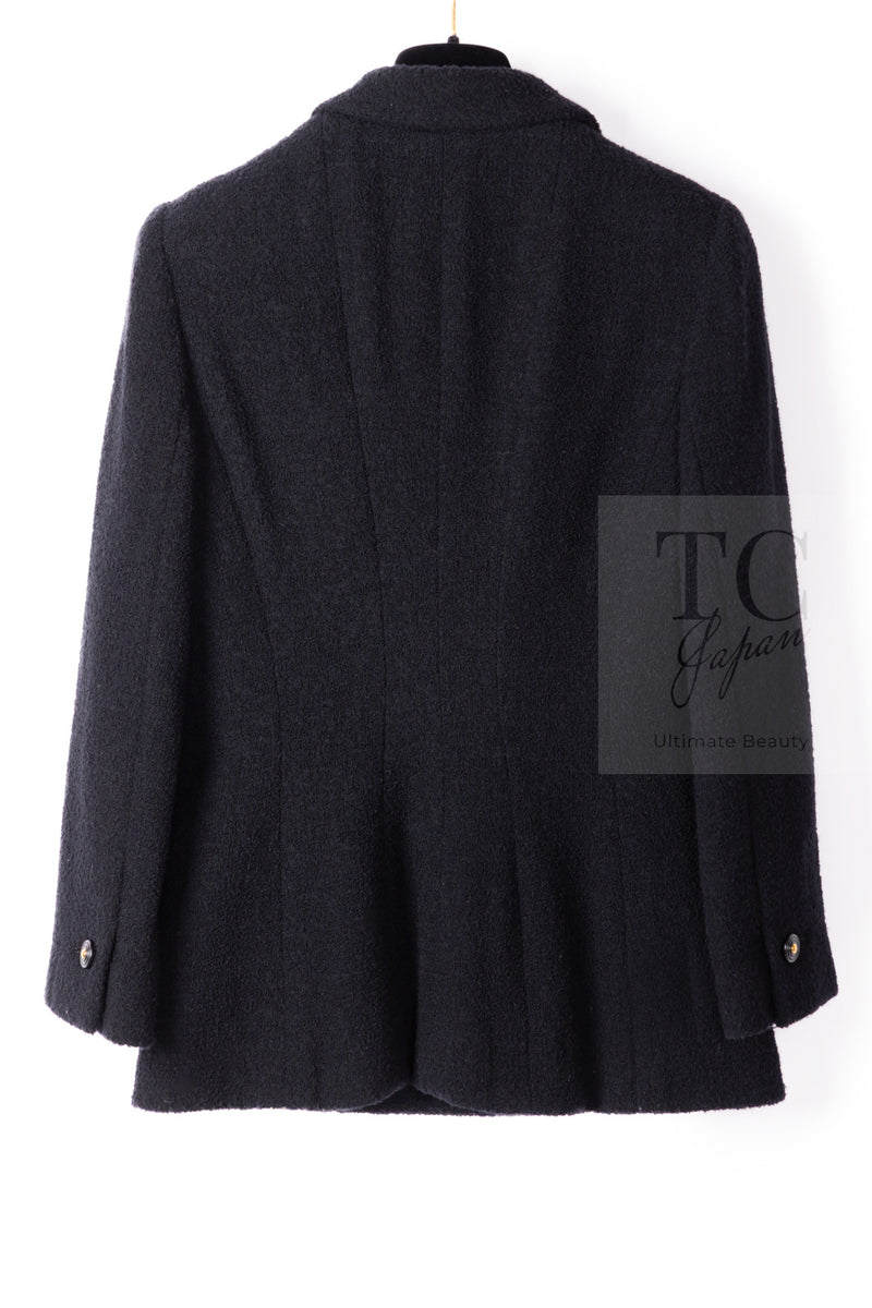 CHANEL 95A Vintage Black Wool CC Logo Buttons Double Tweed Jacket Skirt Suit 44 46 シャネル ヴィンテージ ブラック ウール CCロゴボタン ダブル ツイード ジャケット スカート スーツ 即発