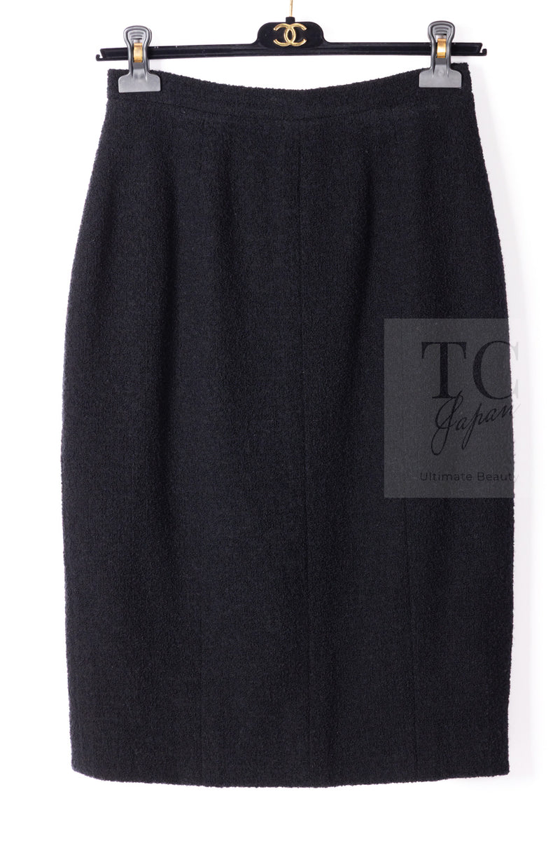 CHANEL 95A Vintage Black Wool CC Logo Buttons Double Tweed Jacket Skirt Suit 44 46 シャネル ヴィンテージ ブラック ウール CCロゴボタン ダブル ツイード ジャケット スカート スーツ 即発