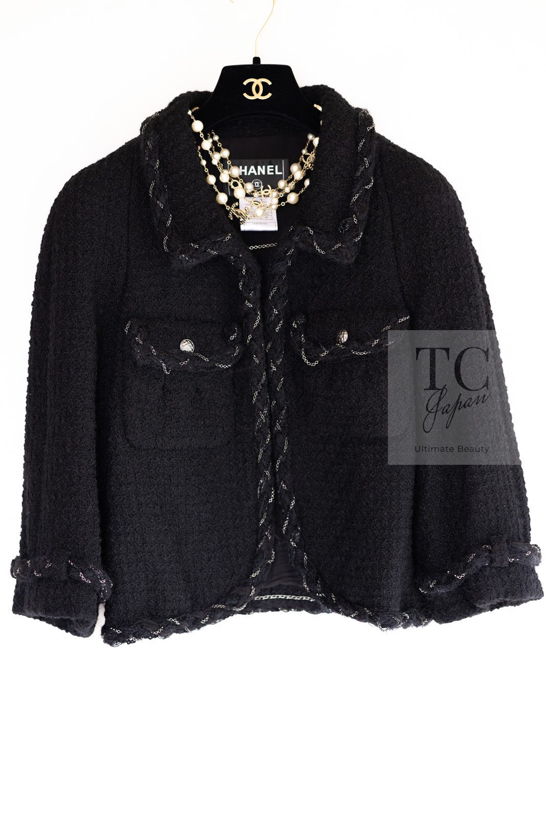 CHANEL Black Braid Trim Chain Wool Tweed Jacket Skirt Suit 40 42 シャネル ブラック ブレイド トリム チェーン ウール ツイード ジャケット スカート スーツ 即発