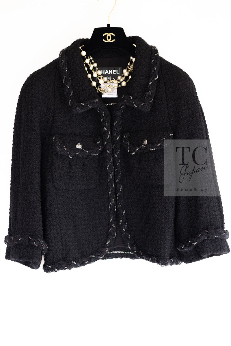 CHANEL Black Braid Trim Chain Wool Tweed Jacket Skirt Suit 40 42 シャネル ブラック ブレイド トリム チェーン ウール ツイード ジャケット スカート スーツ 即発