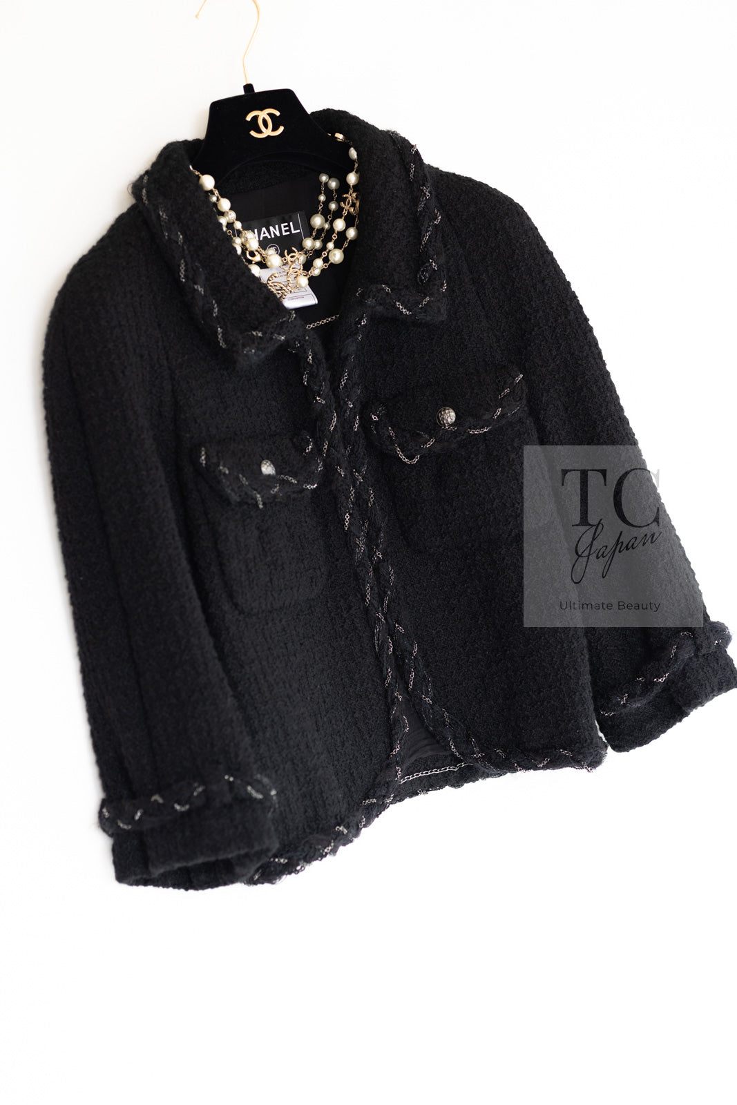 CHANEL Black Braid Trim Chain Wool Tweed Jacket Skirt Suit 40 42 シャネル ブラック ブレイド トリム チェーン ウール ツイード ジャケット スカート スーツ 即発