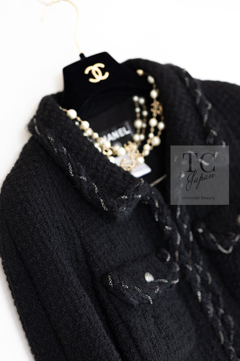 CHANEL Black Braid Trim Chain Wool Tweed Jacket Skirt Suit 40 42 シャネル ブラック ブレイド トリム チェーン ウール ツイード ジャケット スカート スーツ 即発