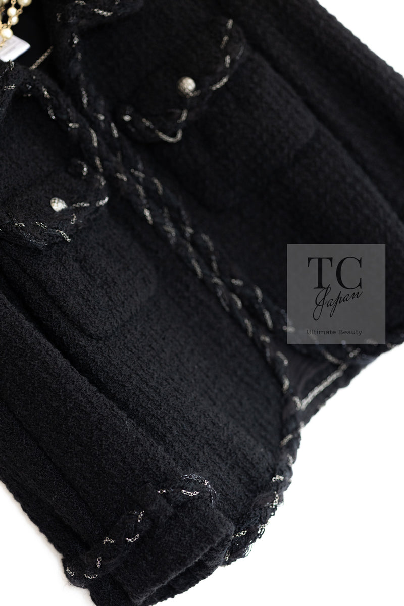 CHANEL Black Braid Trim Chain Wool Tweed Jacket Skirt Suit 40 42 シャネル ブラック ブレイド トリム チェーン ウール ツイード ジャケット スカート スーツ 即発