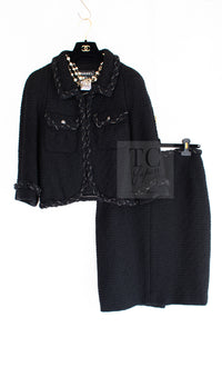CHANEL Black Braid Trim Chain Wool Tweed Jacket Skirt Suit 40 42 シャネル ブラック ブレイド トリム チェーン ウール ツイード ジャケット スカート スーツ 即発