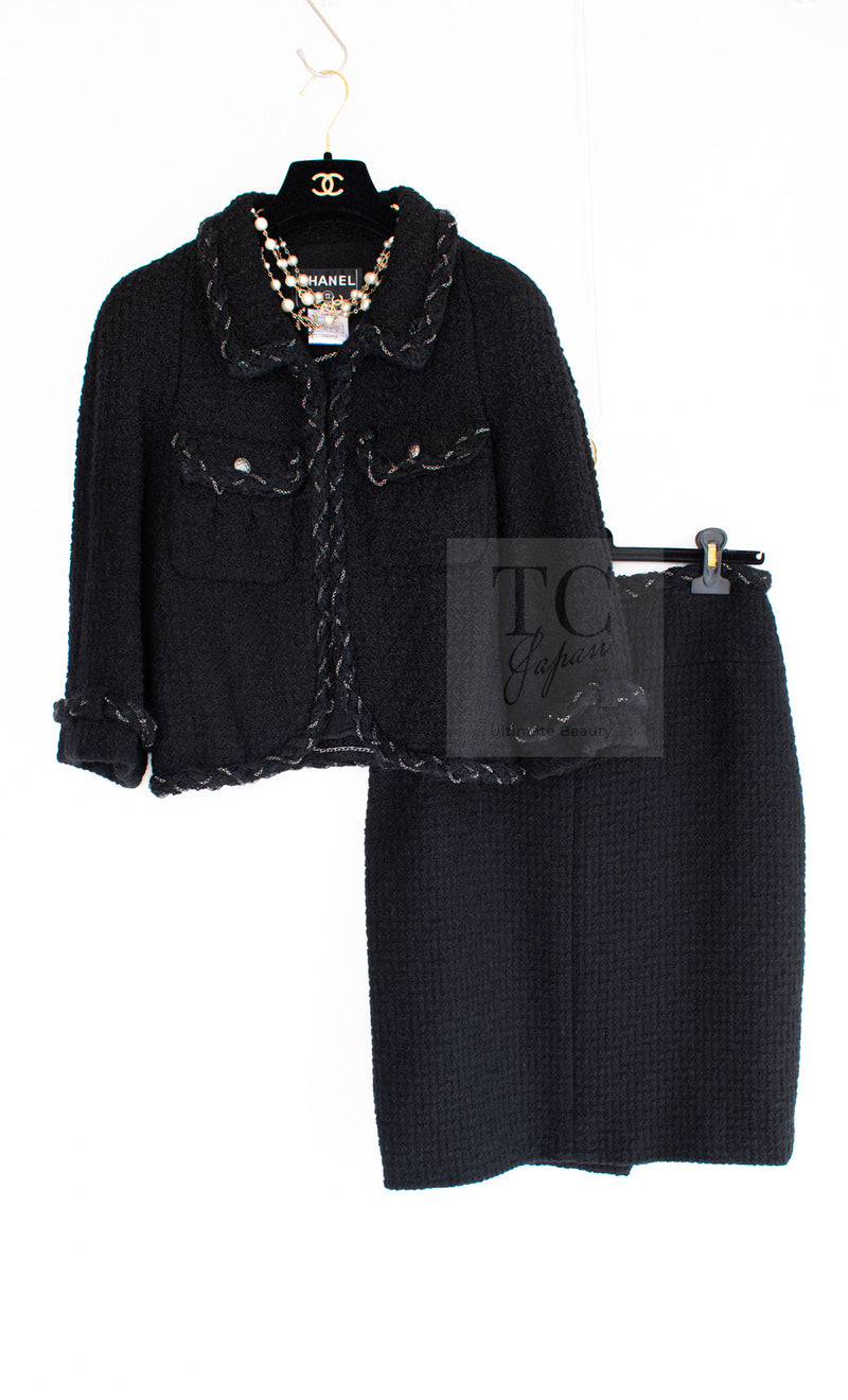 CHANEL Black Braid Trim Chain Wool Tweed Jacket Skirt Suit 40 42 シャネル ブラック ブレイド トリム チェーン ウール ツイード ジャケット スカート スーツ 即発