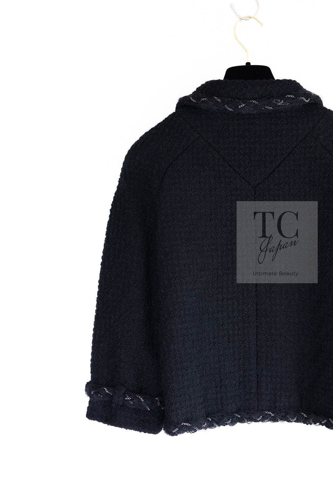 CHANEL Black Braid Trim Chain Wool Tweed Jacket Skirt Suit 40 42 シャネル ブラック ブレイド トリム チェーン ウール ツイード ジャケット スカート スーツ 即発