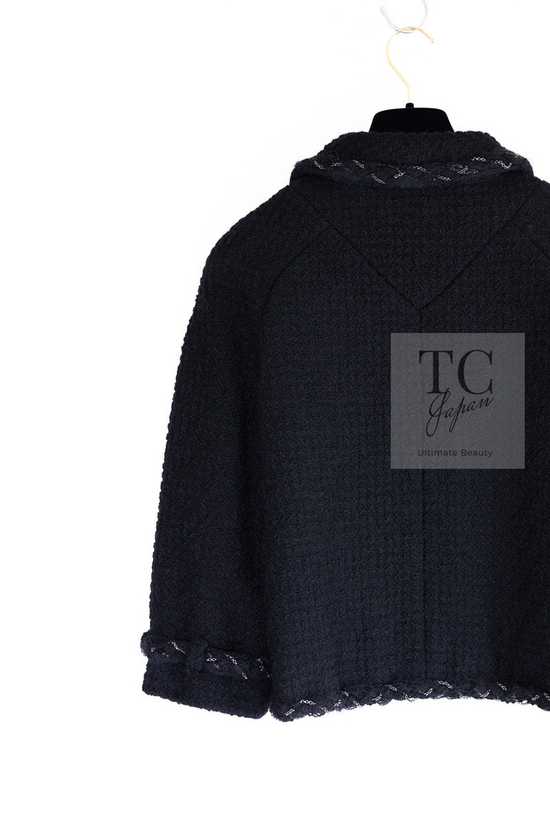 CHANEL Black Braid Trim Chain Wool Tweed Jacket Skirt Suit 40 42 シャネル ブラック ブレイド トリム チェーン ウール ツイード ジャケット スカート スーツ 即発