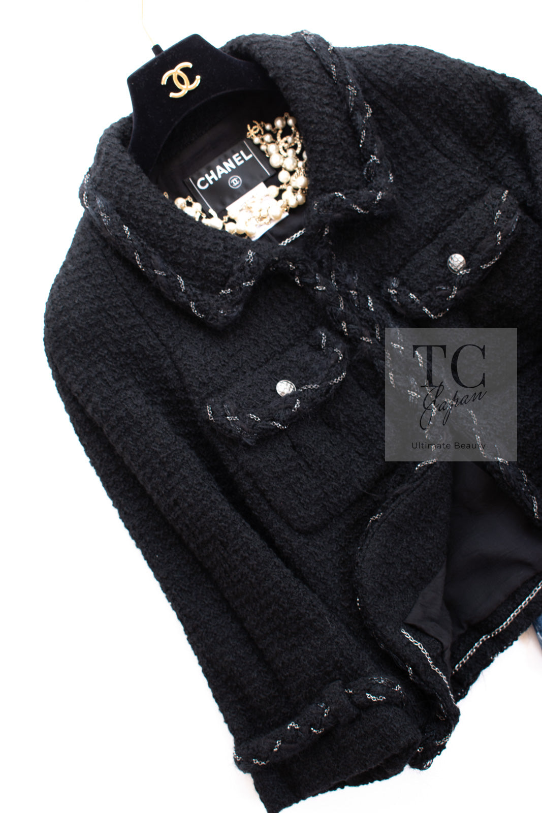CHANEL Black Braid Trim Chain Wool Tweed Jacket Skirt Suit 40 42 シャネル ブラック ブレイド トリム チェーン ウール ツイード ジャケット スカート スーツ 即発